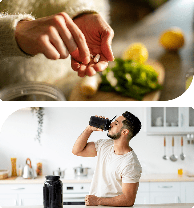 Top: Close-up of hands holding a dietary supplement capsule. Bottom: Man in kitchen drinking a shake from a black bottle.