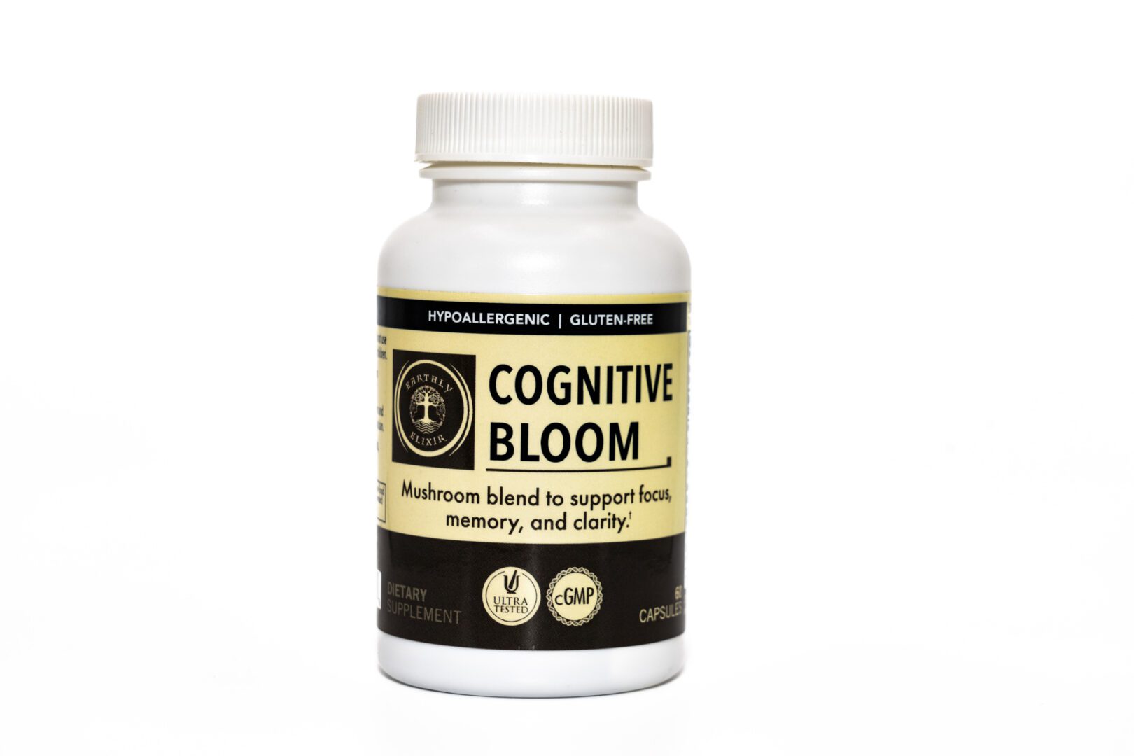 Bottle of Cognitive Bloom mushroom supplement for memory and clarity.