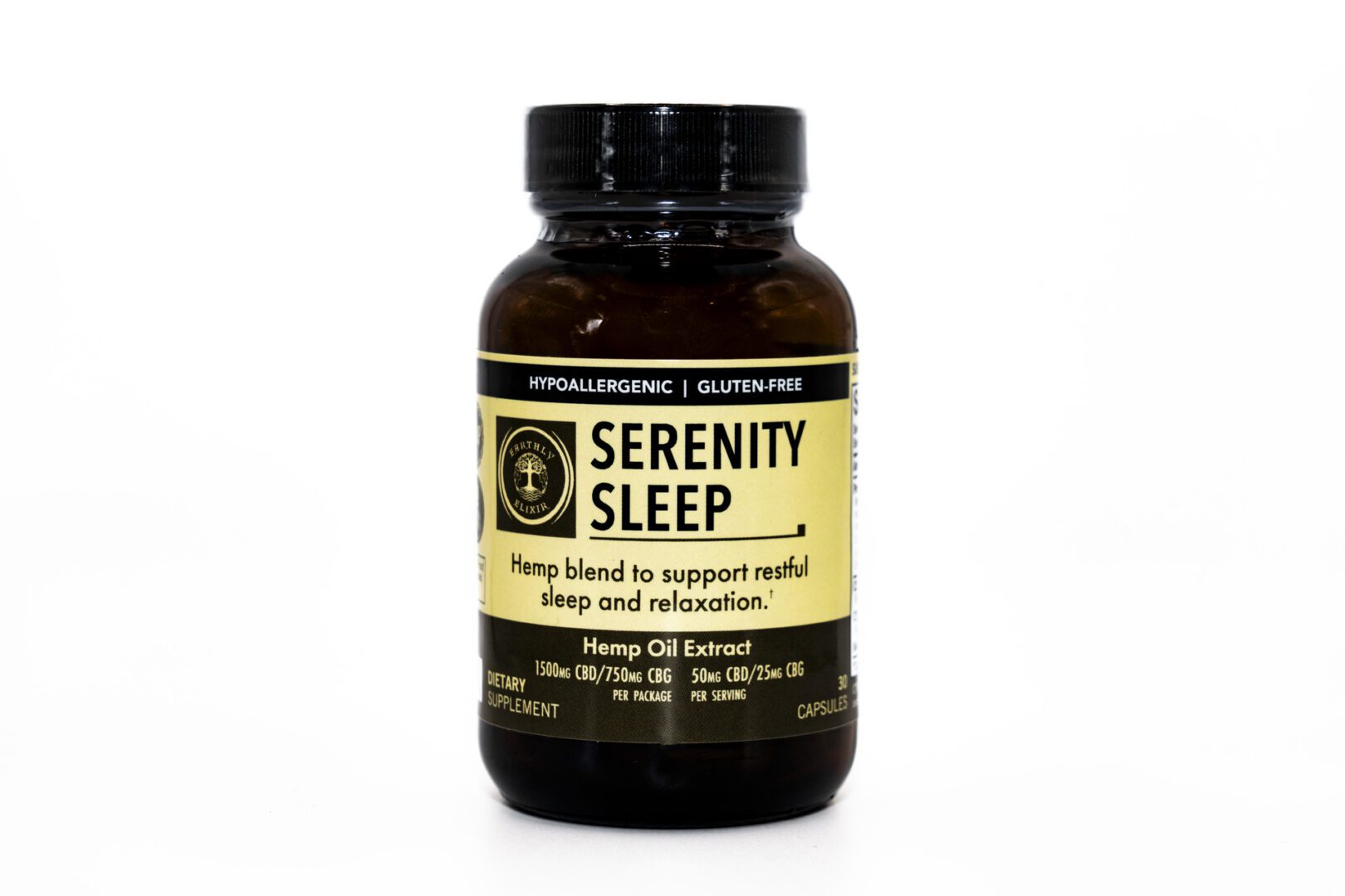 A bottle of Serenity Sleep dietary supplement for relaxation and sleep.