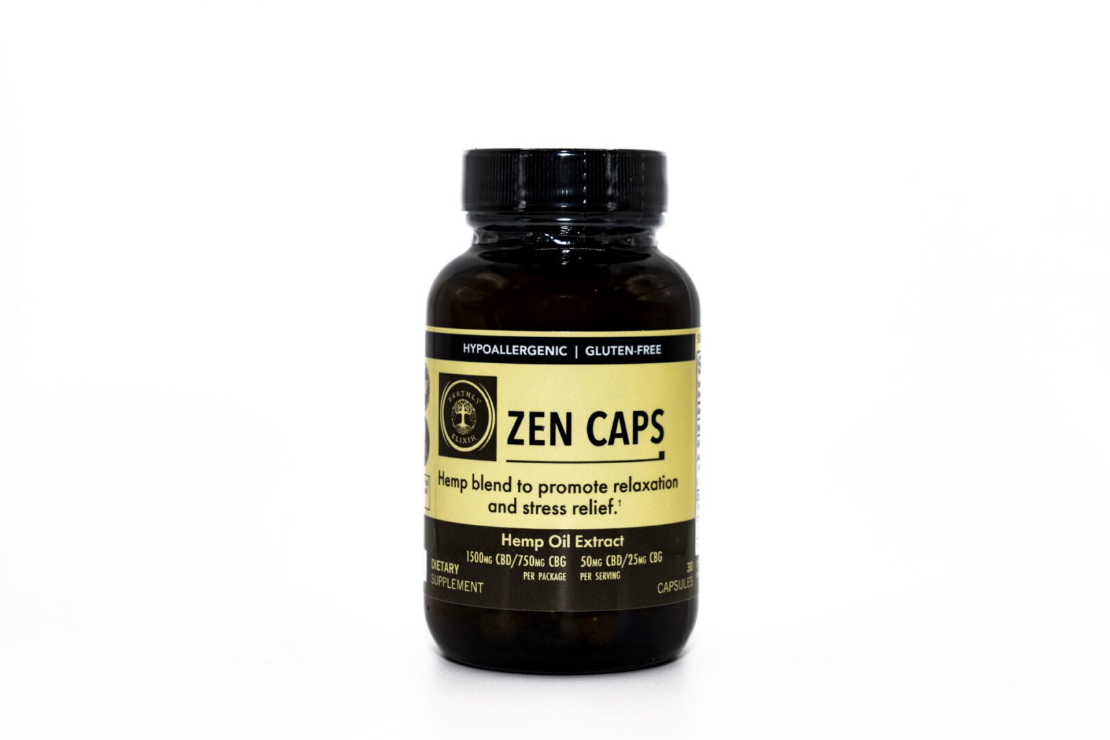 Bottle of Zen Caps dietary supplement with black label.